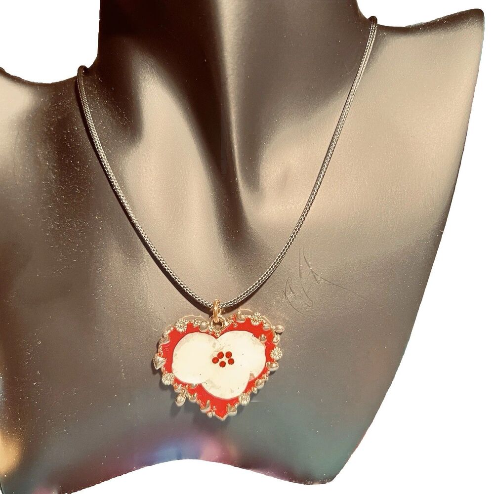 Red Heart Pendant With White Dried Flower And Bling 18” Adjustable Cord Handmade